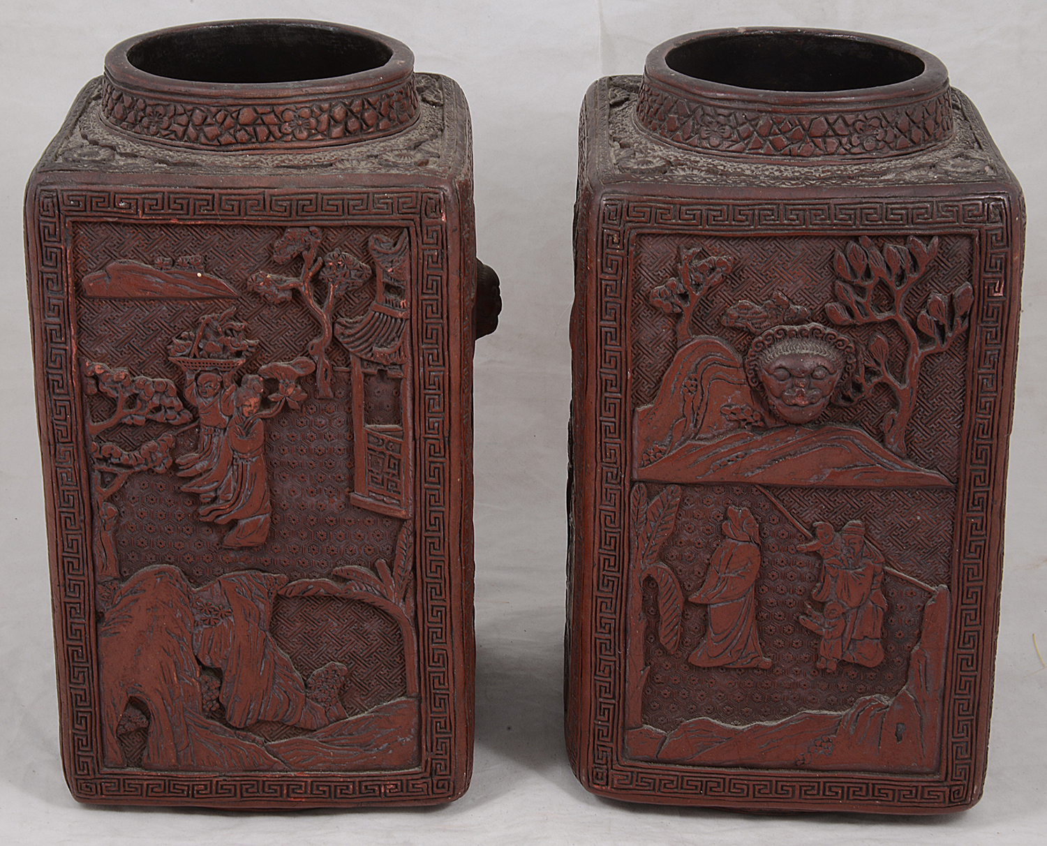 A pair of late 19th Chinese cinnabar lacquer square section vases - Image 2 of 3