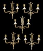 A set of five mid 20th century twin branch wall lights