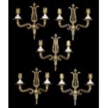 A set of five mid 20th century twin branch wall lights