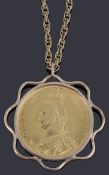 A Vict. double sovereign dated 1887, claw set in a gold mount suspended on a Prince of Wales chain