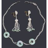 A jade and seed pearl necklace and screw back earrings,