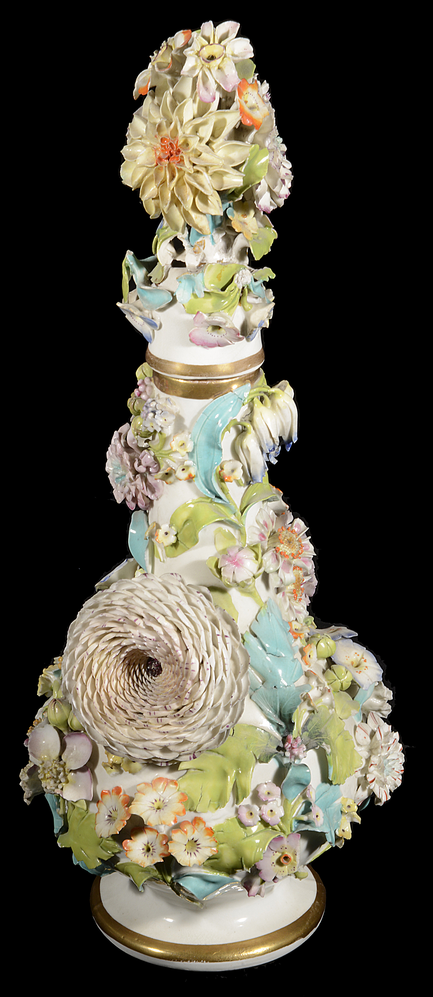 A mid 19th century possibly Coalbrookdale flower encrusted porcelain bottle vase and stopper