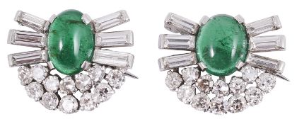 A pair of emerald cabochon and diamond clip pins/brooches circa 1920s