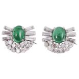 A pair of emerald cabochon and diamond clip pins/brooches circa 1920s