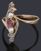 A sweet Continental Ruby, split pearl and diamond crossover ring,