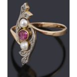 A sweet Continental Ruby, split pearl and diamond crossover ring,