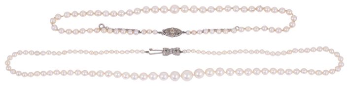 A single row graduated cultured pearl necklace and another