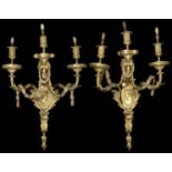 A large and impressive pair of late 19th c Louis XVI style three branch wall lights stamped Perry