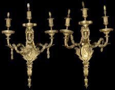 A large and impressive pair of late 19th c Louis XVI style three branch wall lights stamped Perry