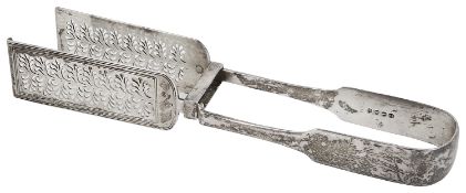 A pair of George IV silver fiddle pattern asparagus serving tongs,