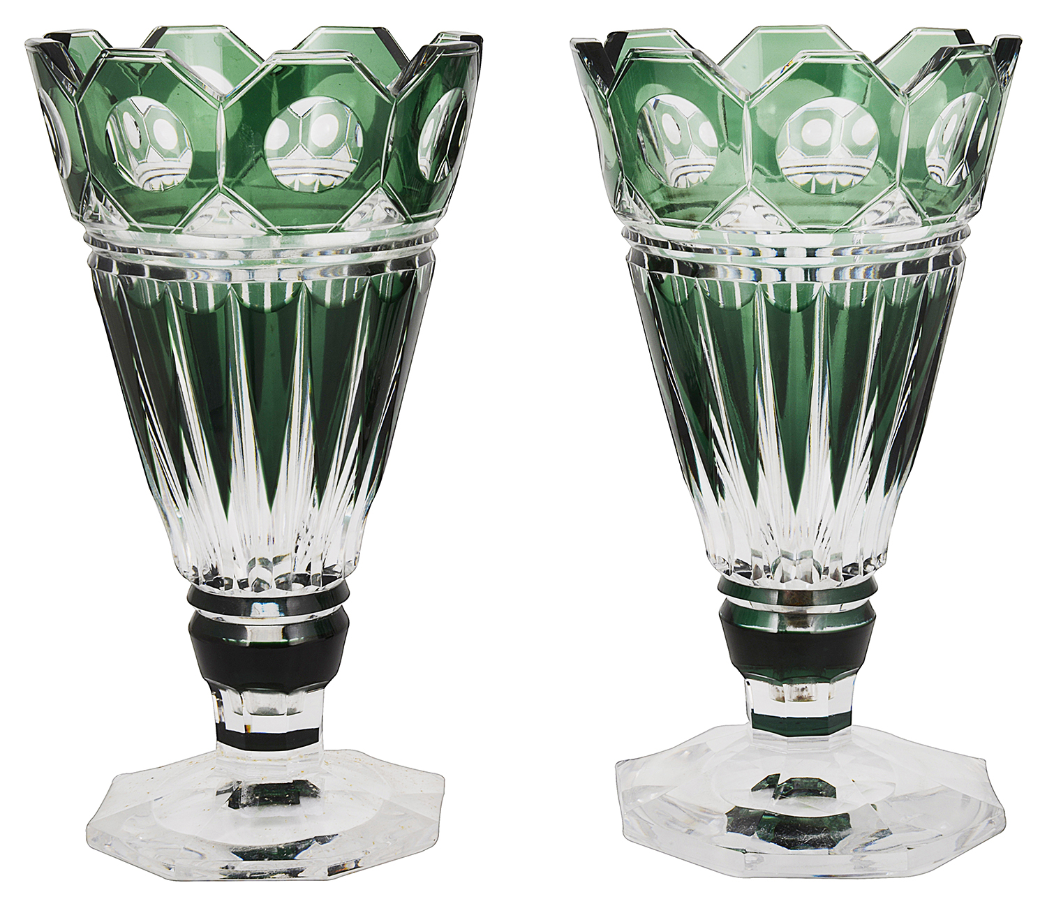 A pair of early 20th c Belgian Val St Lambert emerald green overlaid cut glass trumpet shaped vases