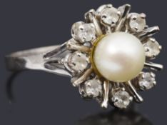 A French gold cultured pearl and diamond cluster ring circa 1960s,