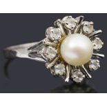 A French gold cultured pearl and diamond cluster ring circa 1960s,