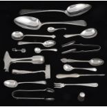 A collection of George III and later silver flatware to include a Georg Jensen salt spoon