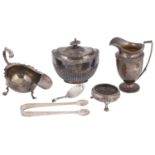 Mixed lot of silver to include a late Victorian Britannia standard sauce boat and an EPNS tea caddy