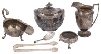 Mixed lot of silver to include a late Victorian Britannia standard sauce boat and an EPNS tea caddy