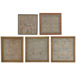A collection of five framed Victorian samplers