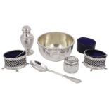 A mixed lot of early 20th century silver to include a christening bowl and a pair of salts