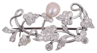 A single pearl and diamond floral spray brooch