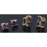 A pair of gold sapphire and diamond cluster stud earrings