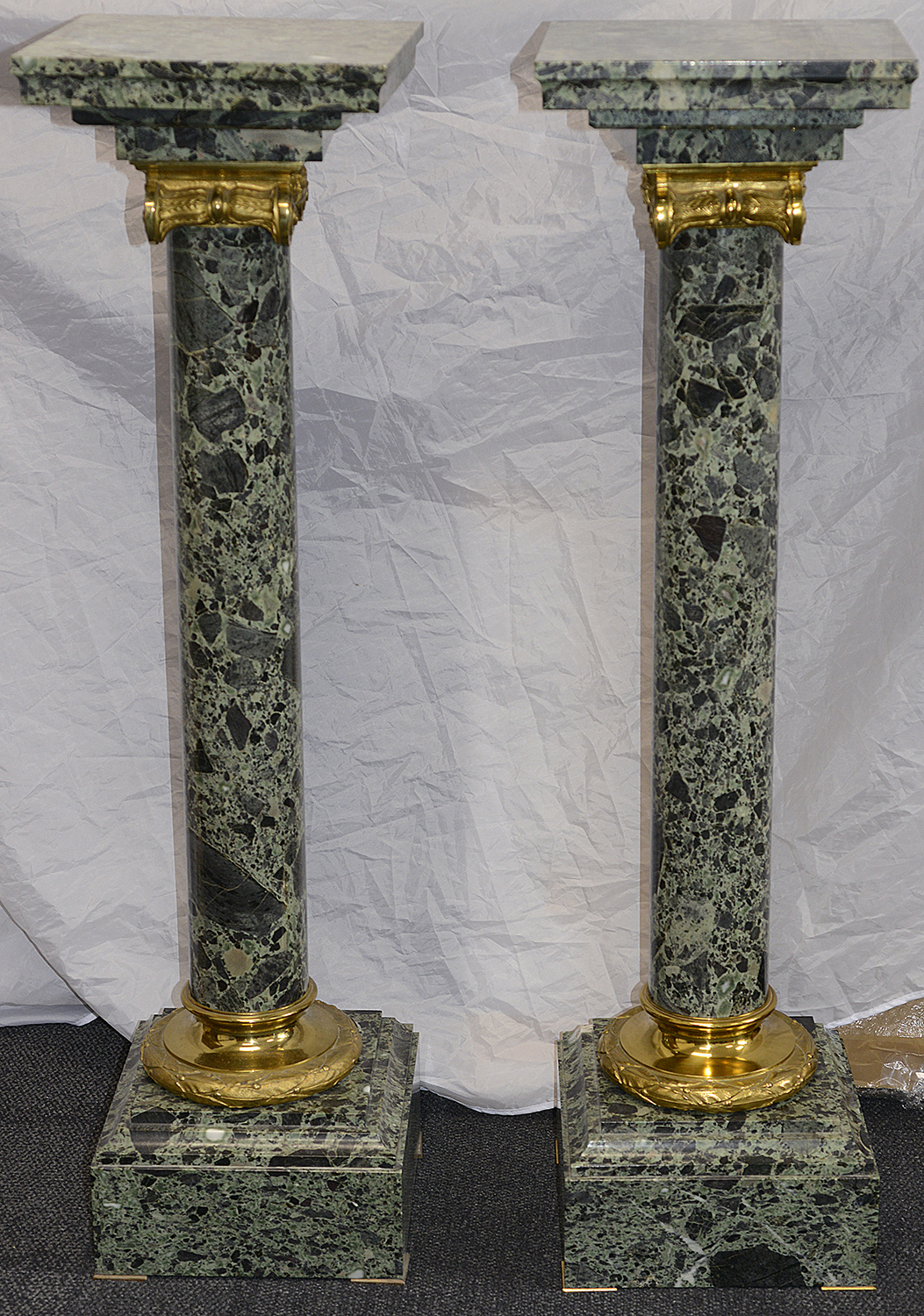 A pair of 19th century French style ormolu mounted green marble columns - Image 2 of 2