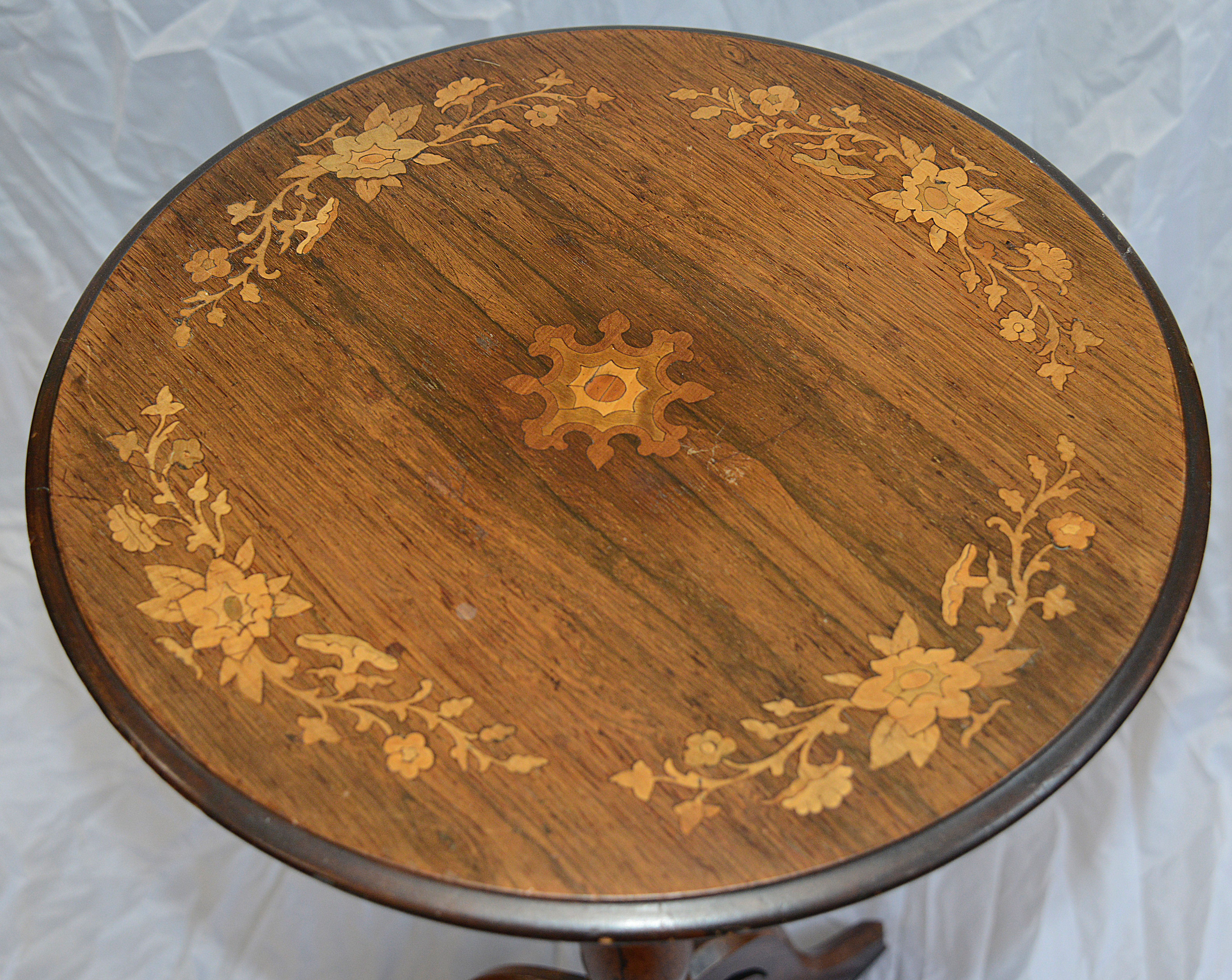 A Victorian rosewood and satinwood marquetry inlaid tripod occasional table - Image 2 of 2