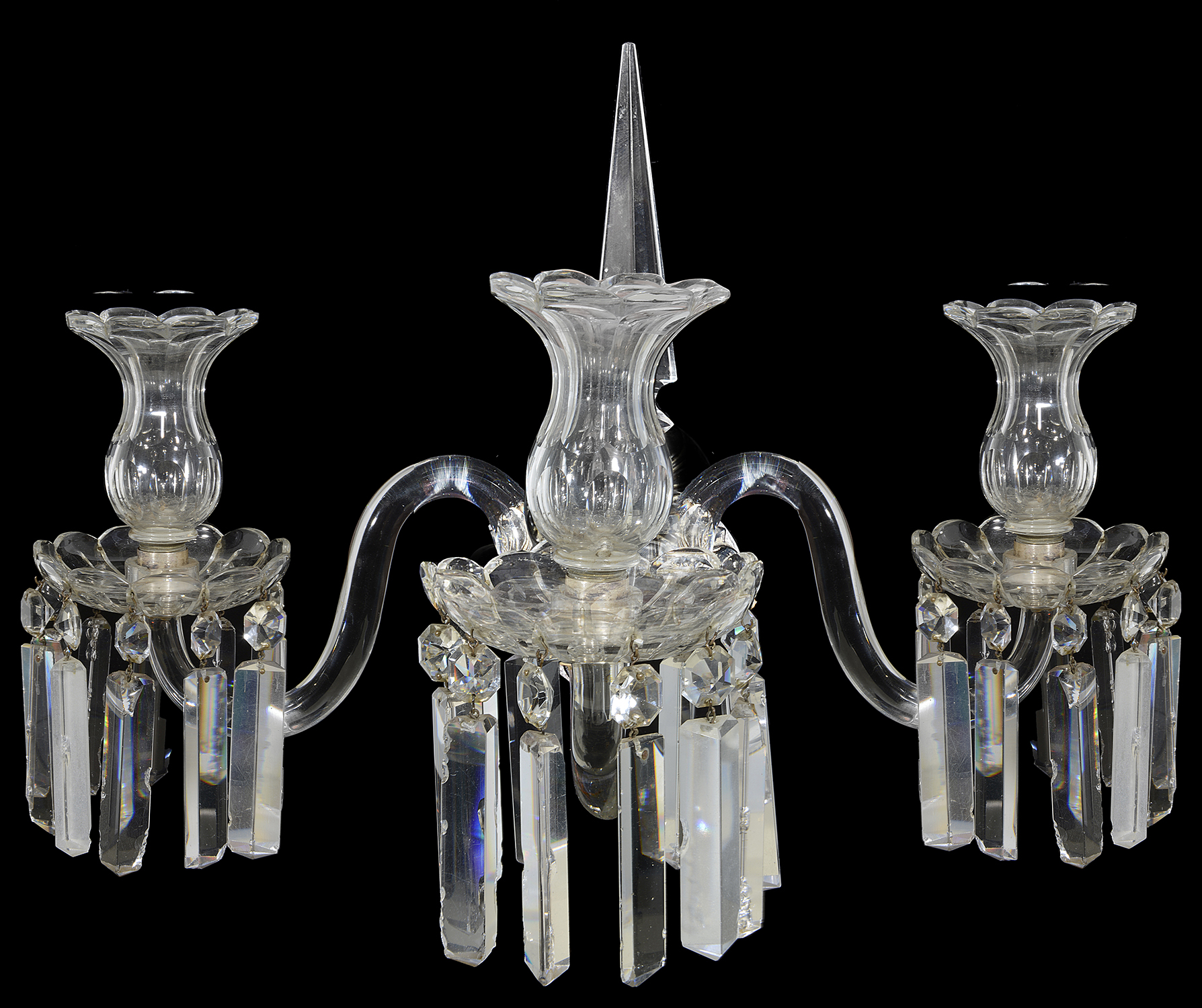 A pair of late Regency cut glass three light wall appliques in the manner of Osler - Image 2 of 5