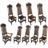 A harlequin set of nine William and Mary mostly walnut, beechwood and oak high backed dining chairs