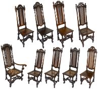 A harlequin set of nine William and Mary mostly walnut, beechwood and oak high backed dining chairs