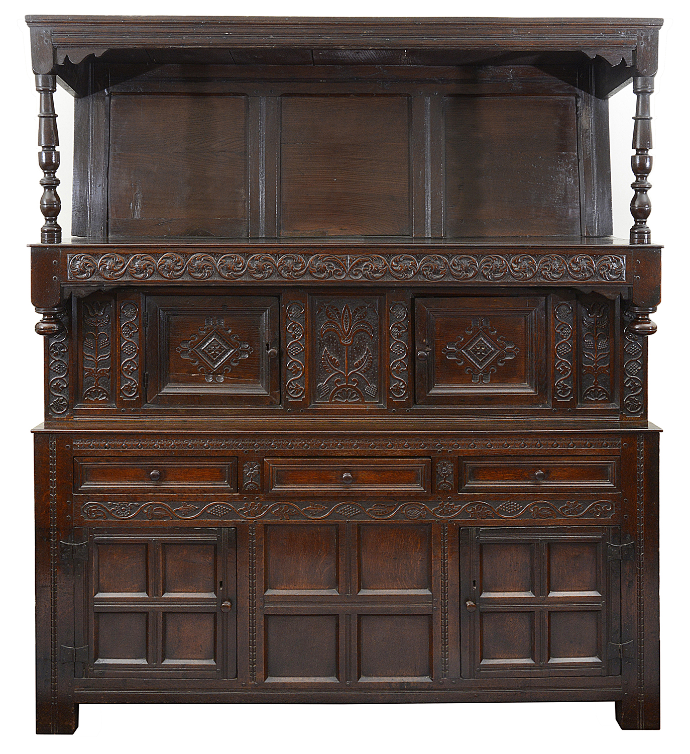 A late 17th century panelled oak press cupboard or tridarn