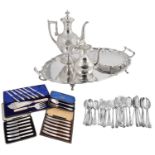 A Victorian silver christening set and a selection of electroplated items