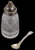 A George III silver mounted cut glass chutney pot and a fiddle and thread pattern condiment spoon