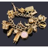 A 9ct gold charm bracelet with padlock and charms