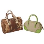 Prada green leather and canvas mini bowling handbag; Michael Kors camouflage tan leather handbag
