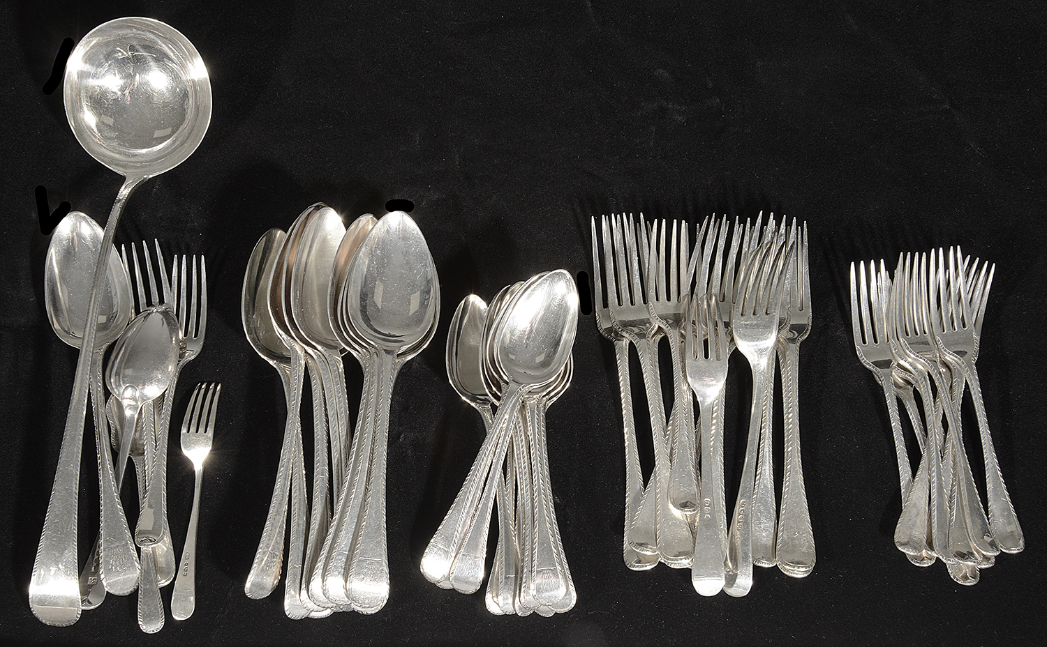 A matched mostly George III silver Old English pattern Feather Edged flatware - Image 2 of 2