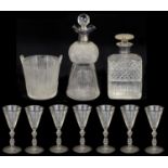 A late Victorian silver mounted thistle shaped decanter and other glass