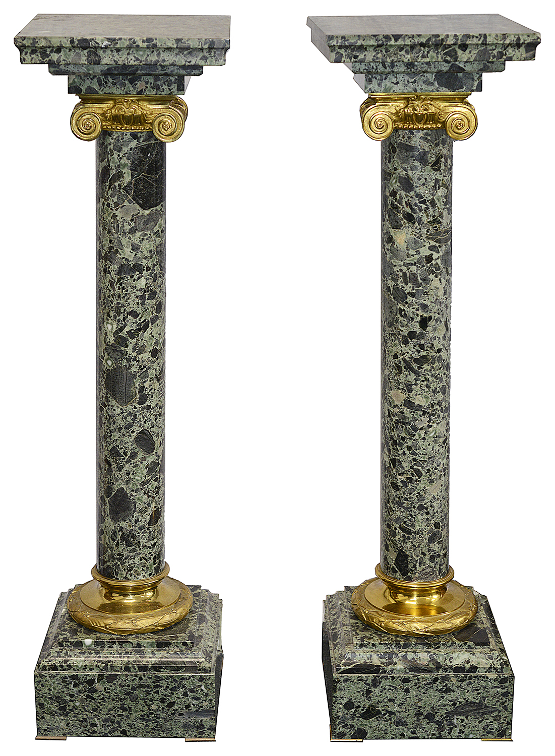 A pair of 19th century French style ormolu mounted green marble columns