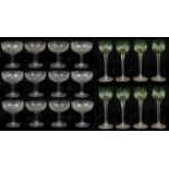 Set of early 20th c cut glass champagne coupes; set of Bohemian green flashed cut glass hock glasses