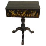 An early 19th century Chinese export black lacquer and gilt decorated pedestal work table