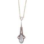A beautiful Art Deco aquamarine and cultured pearl pendant drop necklace,