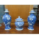 PAIR OF ORIENTAL BLUE AND WHITE PRUNUS PATTERN GINGER JAR PLUS ANOTHER (AT FAULT)