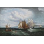 ARCHIBALD WEBB RBA, GILT FRAMED OIL ON CANVAS DEPICTING A BUSY MARITIME SCENE "OFF NORTHFLEET",