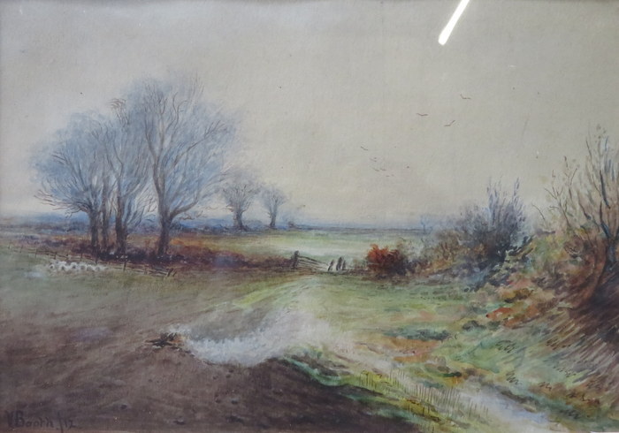 V BOOTH, FRAMED AND GLAZED WATERCOLOUR OF LANDSCAPE WITH SHEEP ON A WINTER MORNING,