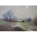 V BOOTH, FRAMED AND GLAZED WATERCOLOUR OF LANDSCAPE WITH SHEEP ON A WINTER MORNING,