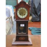 19th CENTURY CASED MANTLE CLOCK IN THE FORM OF A LONGCASE CLOCK WITH GILT AND ENAMELLED CIRCULAR