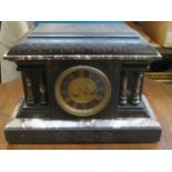 DECORATIVE VICTORIAN BLACK SLATE MARBLE MANTLE CLOCK WITH CIRCULAR BRASS DIAL