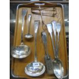 VARIOUS PLATED FLATWARE INCLUDING SERVING LADLES AND SPOONS, SUGAR TONGS AND SERVING TONGS, ETC.