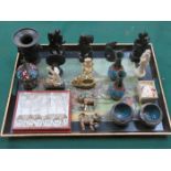 MIXED LOT OF ORIENTAL CARVINGS, CLOISONNE ITEMS AND SILVER COLOURED SPOONS, ETC.
