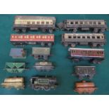 COLLECTION OF PRE WAR HORNBY O GAUGE COACHES AND WAGONS, POOR CONDITION, INCLUDING BINGS,