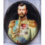 20th CENTURY OVAL LACQUERED STORAGE BOX DEPICTING NICHOLAS II (AT FAULT)